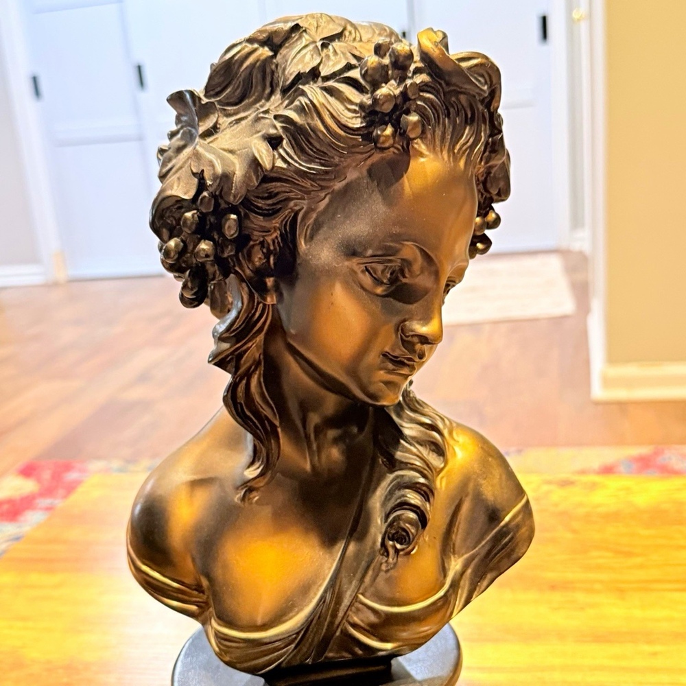 Bronze Female Bust Sculpture with Curly Hair on Pedestal Base flaw